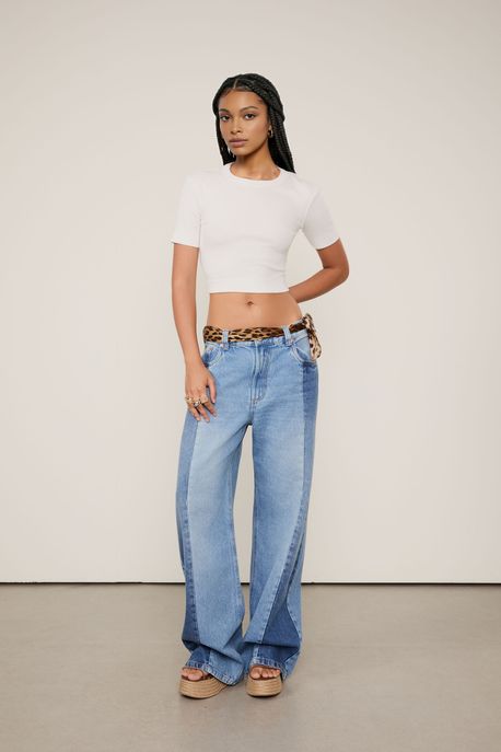 Calça Jeans Wide Leg Recortes Jeans Medio - 40