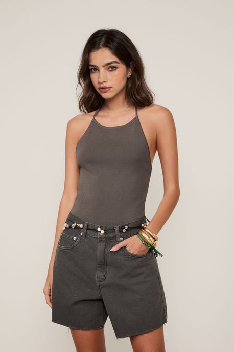 Top De Tricot Com Amarracao Nas Costas Cinza Beluga - G