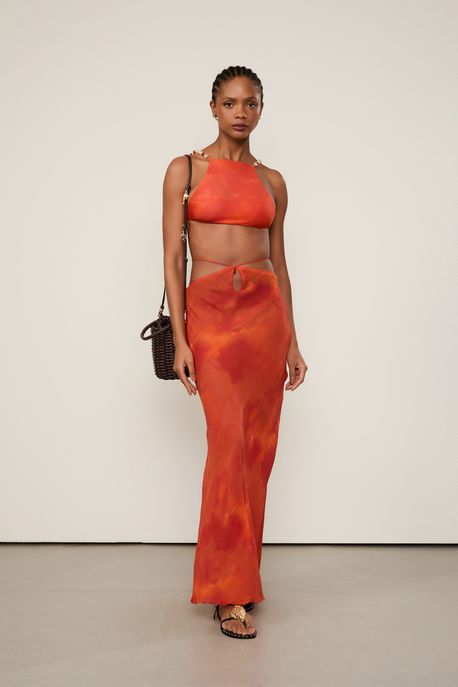 Saia De Georgette Leve Longa Transpasse Amarração Resort Est Textura Starfish Laranja - 40