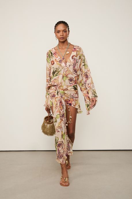 Vestido De Georgette Leve Curto Com Amarração Resort Est Fig Fundo Do Mar Cru - 42
