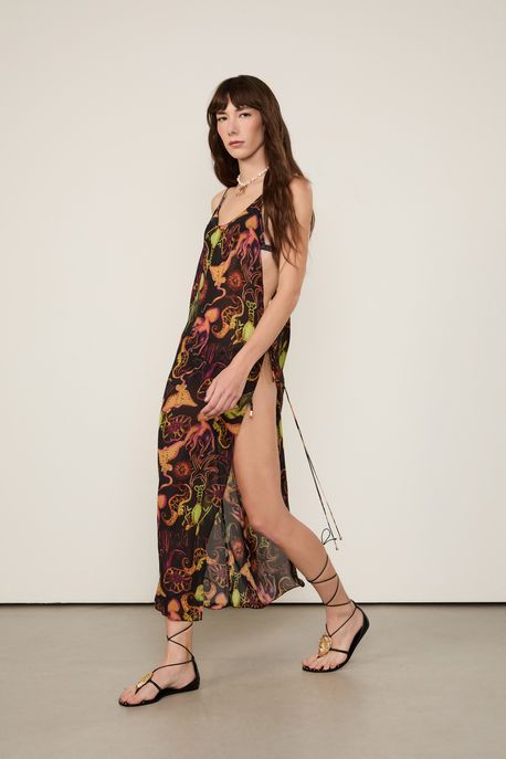 Vestido De Georgette Leve Assimétrico Estampado Resort Est Fig Fundo Do Mar Preto - 44