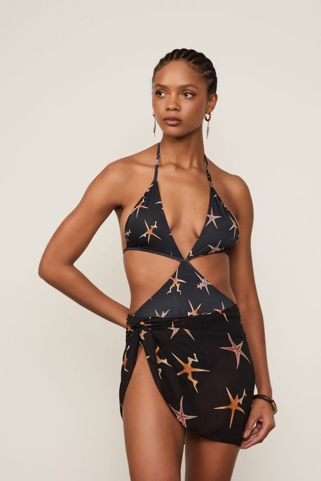 Mini Saia De Georgette Leve Pareot Estampada Resort Est Fig Starfish Preto m - 40