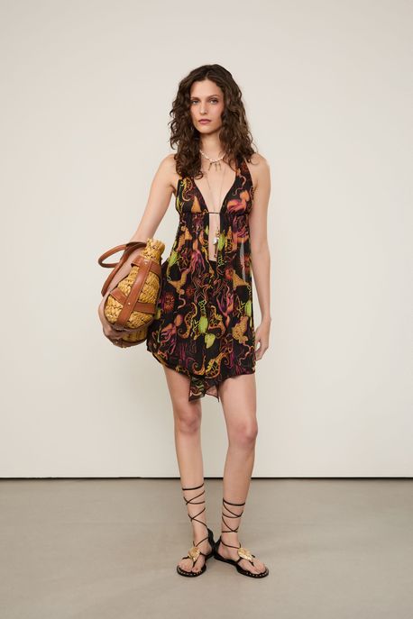 Blusa De Georgette Leve Frente Única Amarração Resort Est Fig Fundo Do Mar Preto - 36