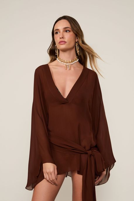 Vestido De Georgette Leve Curto Marrom Com Amarração Resort Marrom Cacau - 38