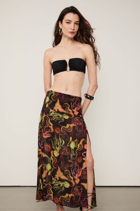 Saia De Georgette Leve Longa Fendas Resort Est Fig Fundo Do Mar Preto - 44