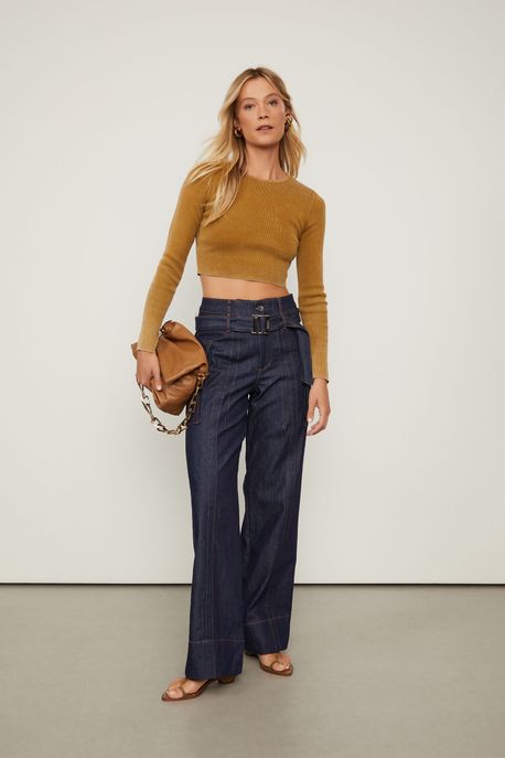 Blusa De Tricot Washed Manga Longa Cropped Marrom Doe - G