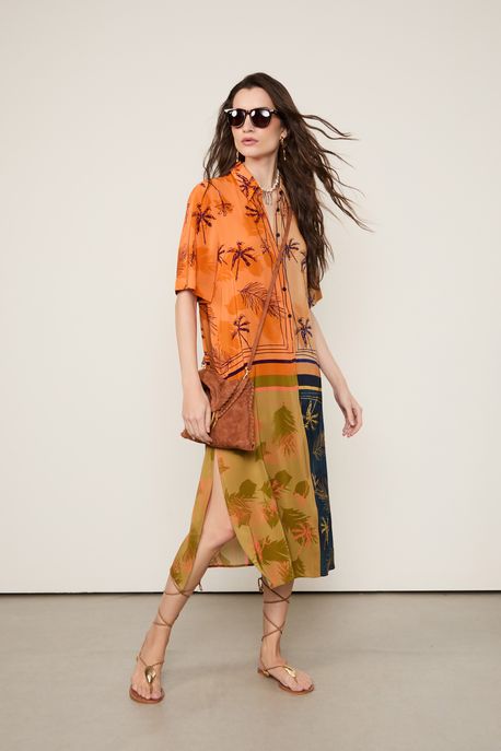 Chemise Midi Manga Curta Estampado Est Coqueiro Folhagem Bege - 44