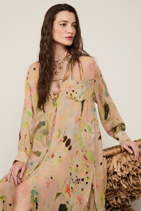 Chemise De Georgette Leve Longa Estampada Est Floral Eden Color - 38
