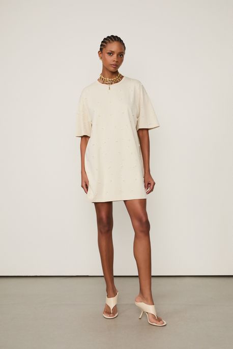 Vestido De Malha Com Pérolas Aplicada Cinza Birch - M