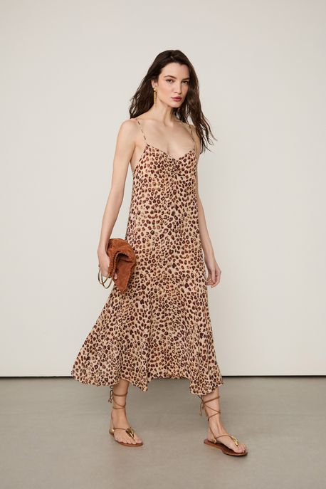 Vestido De Georgette Pesado Midi De Alça Estampado Est Onca Concha Color p - 34