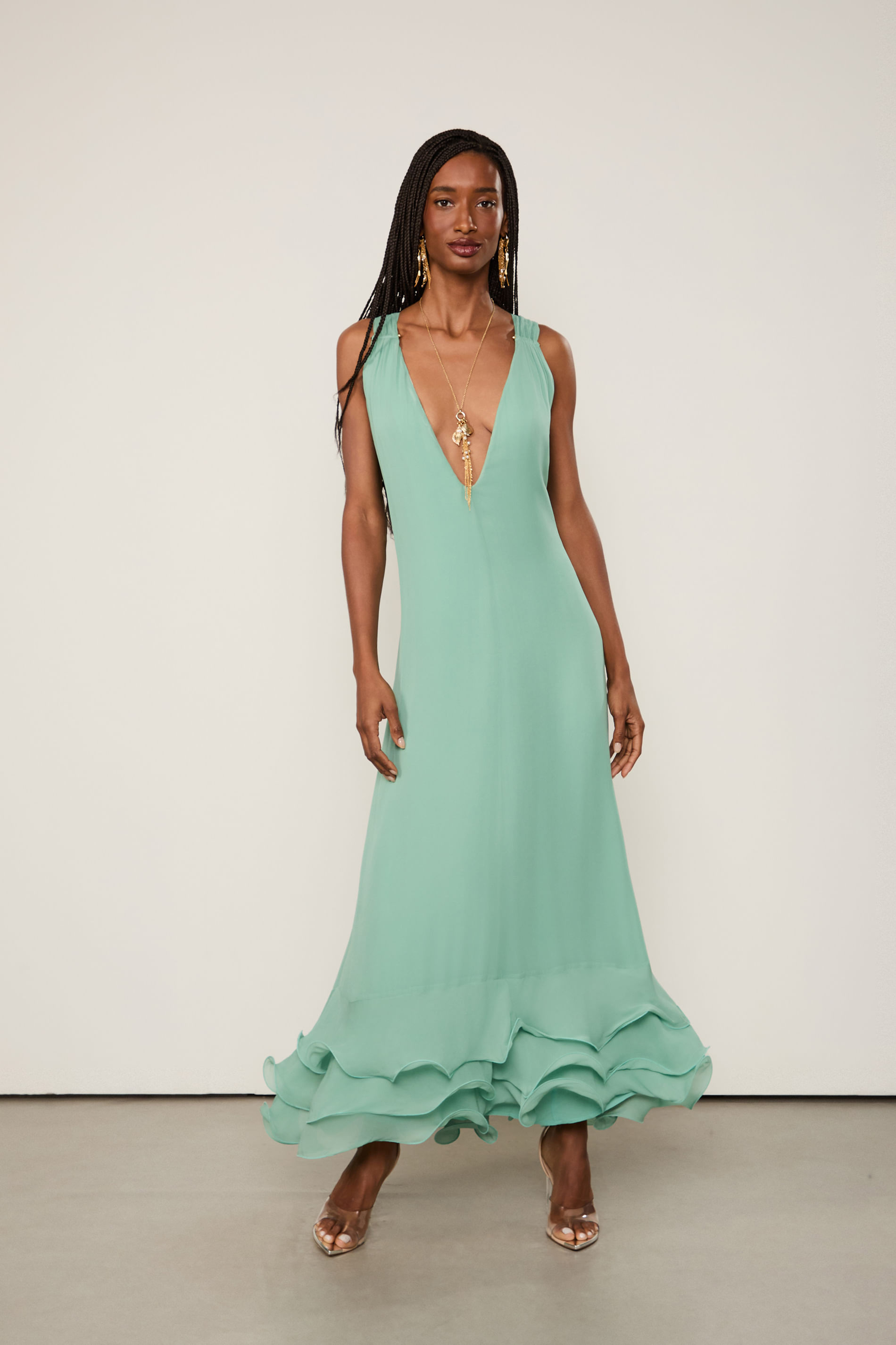 Vestido De Georgette Leve Longo Verde Babados
