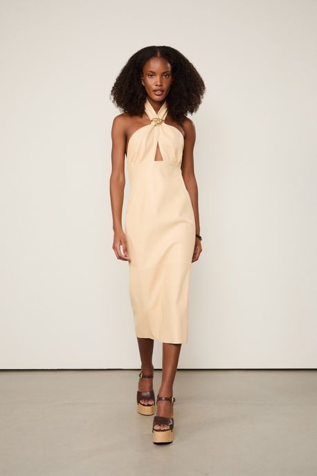 Vestido De Couro Midi Decote Cruzado Metal Concha Bege Trigo - 36