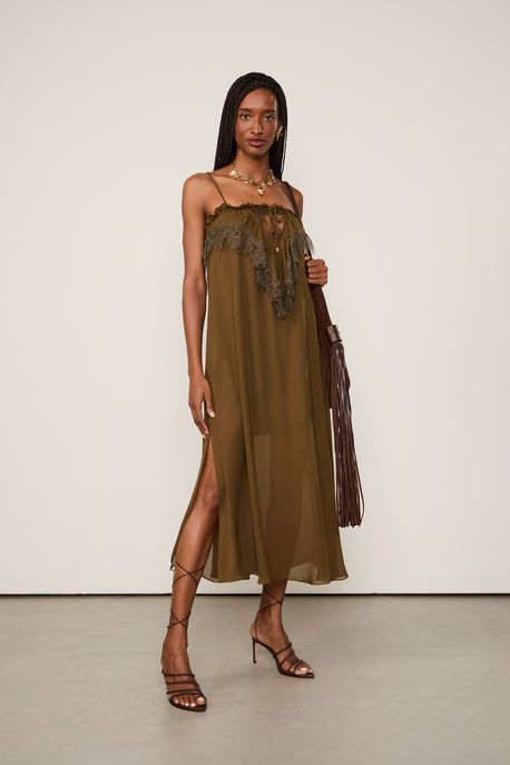 Vestido De Georgette Leve Midi Marrom Renda Aplicada Marrom Kahn - 42