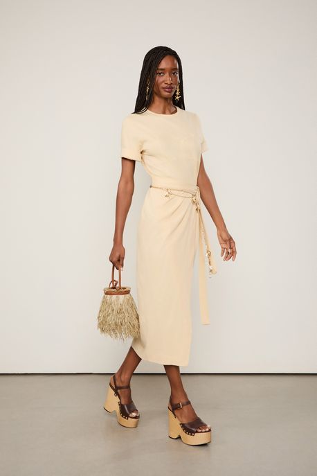 Vestido De Malha Preto Pareo Pesponto Bege Trigo - P