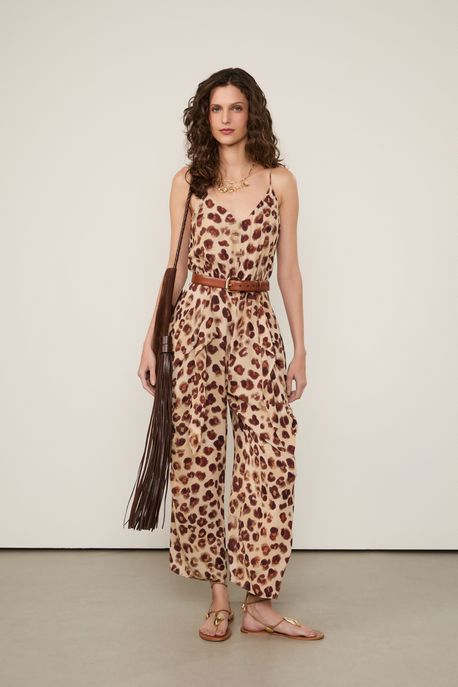 Macacão De Georgette Pesado Pareô Estampado Est Onca Concha Color m - 34