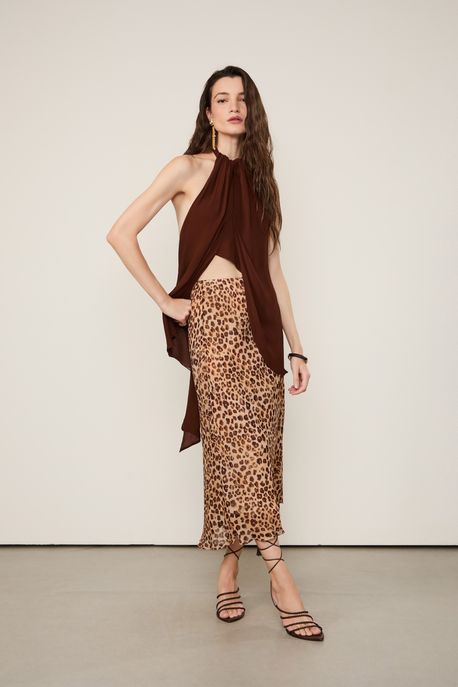 Saia De Georgette Leve Midi Estampada Est Onca Concha Color p - 38