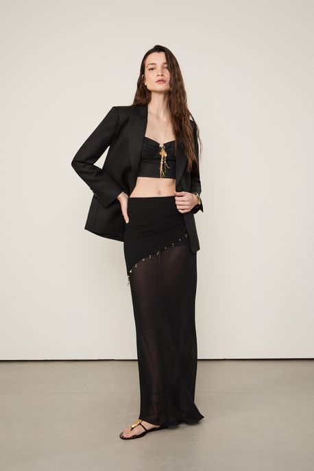 Saia De Georgette Leve Longa Preta Com Lenço Preto - 34