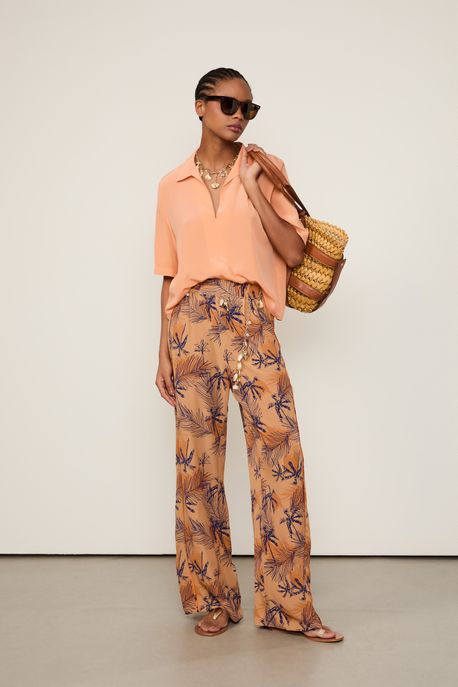 Calça Pantalona Estampado Est Coqueiro Folhagem Mix - 44