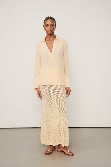 Camisa De Seda Polo Bege Bege Trigo - 42