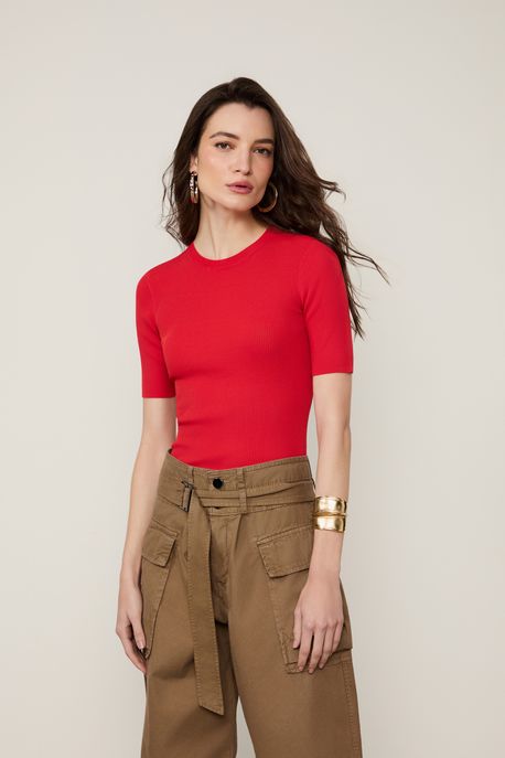 T-Shirt De Tricot Canelado Básica Vermelho Corrida - M