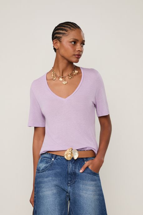 T-Shirt Malha De Linho Decote v Lilas Hortencia - M