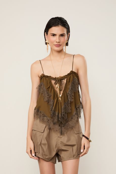 Top De Georgette Leve Marrom Renda Aplicada Marrom Kahn - 42