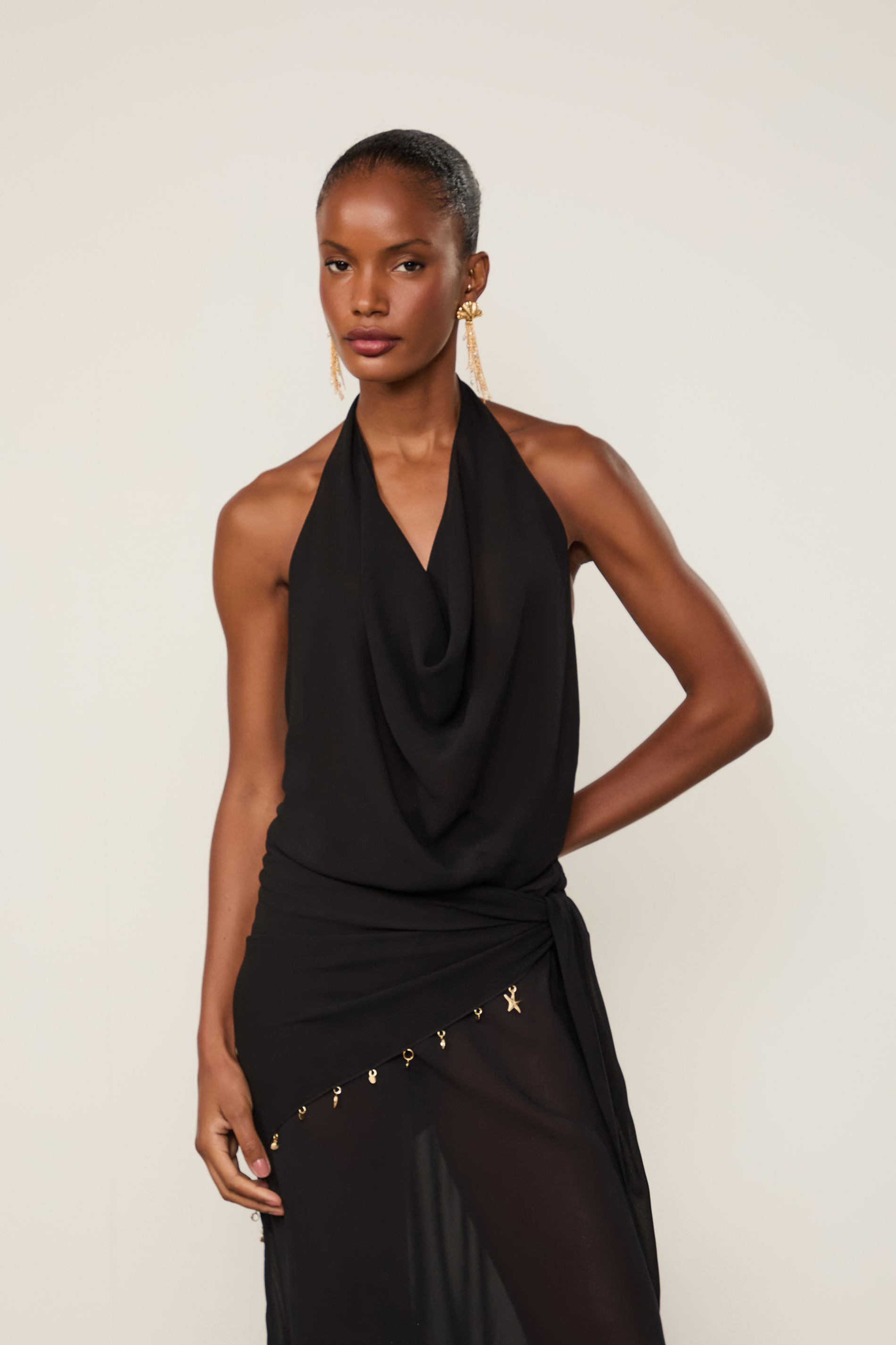 Top De Georgette Pesado Frente Única Preto