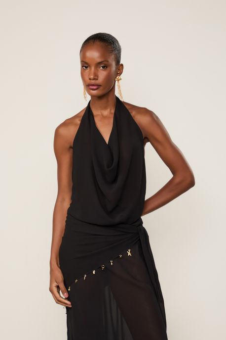 Top De Georgette Pesado Frente Única Preto Preto - 44