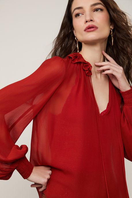 Bata De Georgette Com Babado Na Gola Vermelho Náutico - 38