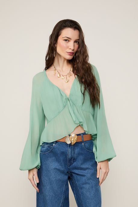 Bata De Georgette Cropped Com Amarração Verde Hortela - 42