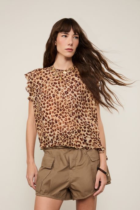 Blusa De Georgette Leve Babados Estampada Est Onca Concha Color p - 40