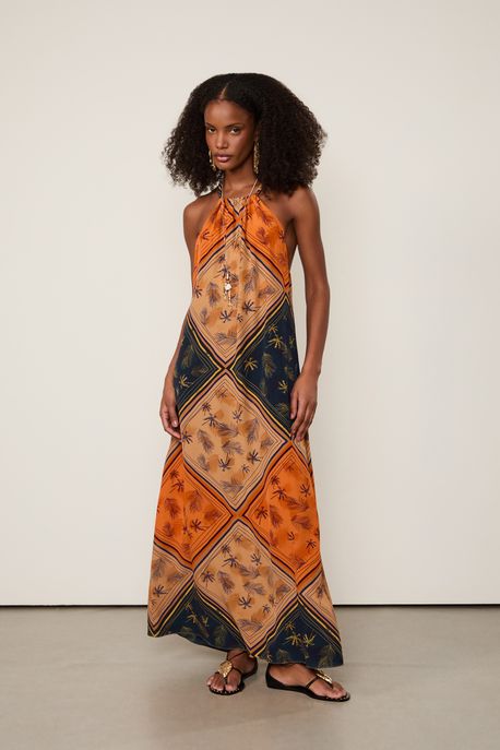 Vestido Midi Decote Franzido Estampado Est Coqueiro Folhagem Mix - 36