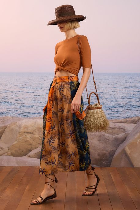 Saia Midi Com Cinto Estampado Est Coqueiro Folhagem Mix - 44