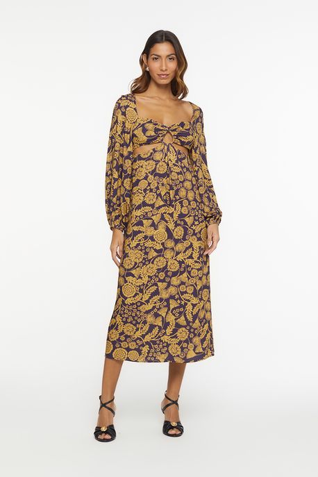 Vestido Midi Com Busto Levemente Franzido Manga Longa e Lastex Nas Costas Estampado Floral Est Floral Porcelana Eclipse e Ouro - 38