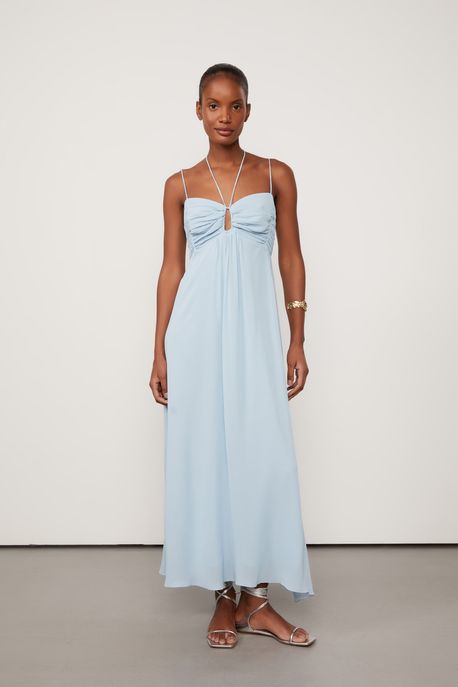 Vestido De Georgette Midi Azul Com Tuneis Azul Sereia - 36