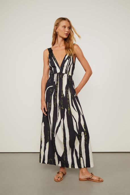 Vestido Midi Alça Larga De Gorgorão De Algodão Estampado Est Fig Recorte Lettering Preto e Glitch - 38