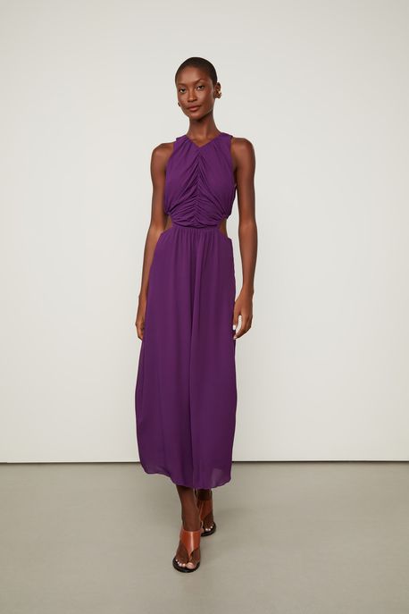 Vestido De Georgette Midi Franzido Com Cut Roxo Roxo Plum - 44