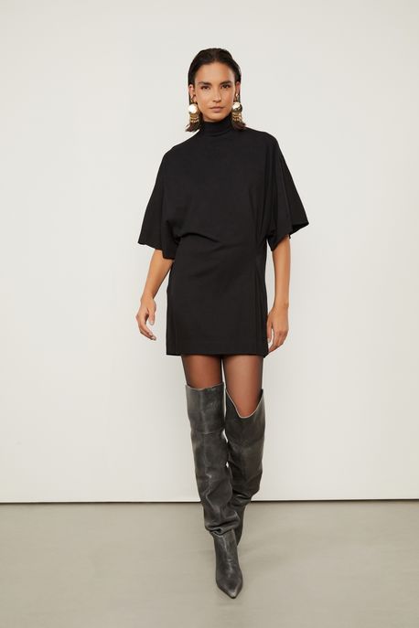 Vestido De Malha Crepe Preto Franzido Preto - M