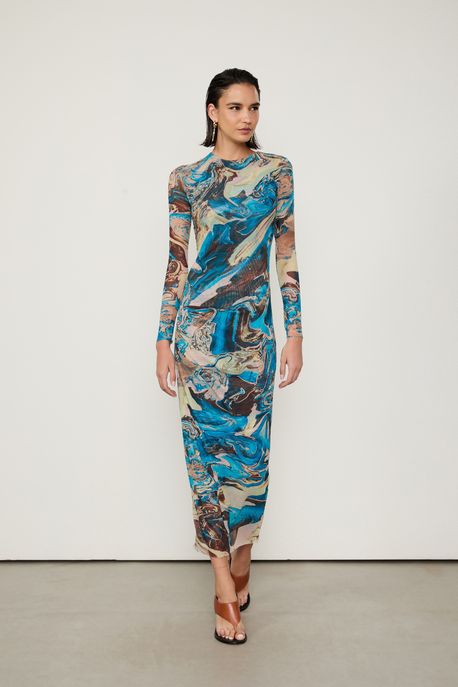 Vestido Tule Est Mg Longa Est Beads Azul g Smp - M
