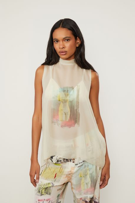 Blusa De Georgette Leve Estampada Decote Gota Costas Est Loc Fig Journal Tofu - 40
