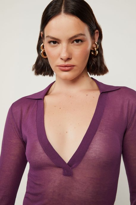 Body De Tricot Fininho Maxi Decote Polo Roxo Plum - P