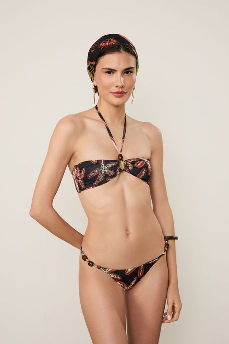 Biquini Estampado Detalhe Pedras Com Top Bandeau e Calcinha Básica Est Fig Aster Preto - M