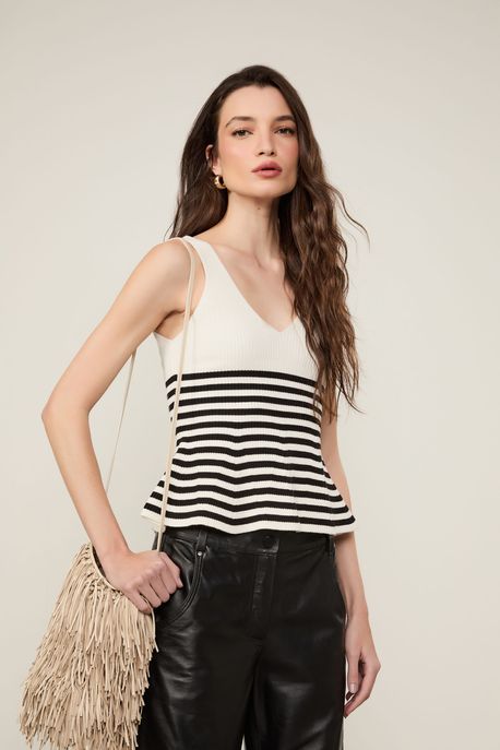 Blusa De Tricot Peplum Listrada Off White / Listra Preta - GG