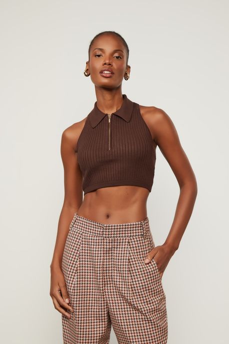 Top Cropped De Tricot Polo Com Zíper Marrom Cafe - G