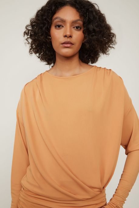 Blusa Manga Longa De Jersey Marrom Cintura Franzida Marrom Doe - P