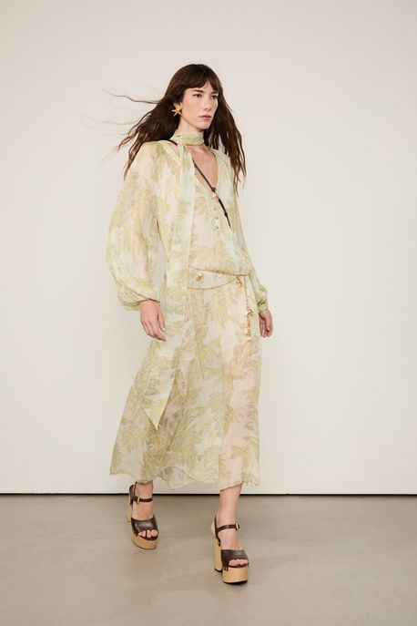 Chemise De Georgette Decote v Estampado Est Folhagem Plumes Off'' - 40