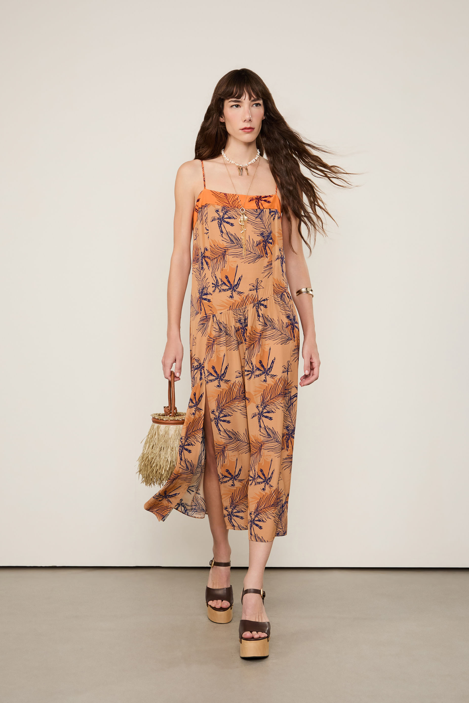 Vestido Midi Com Fenda Estampado