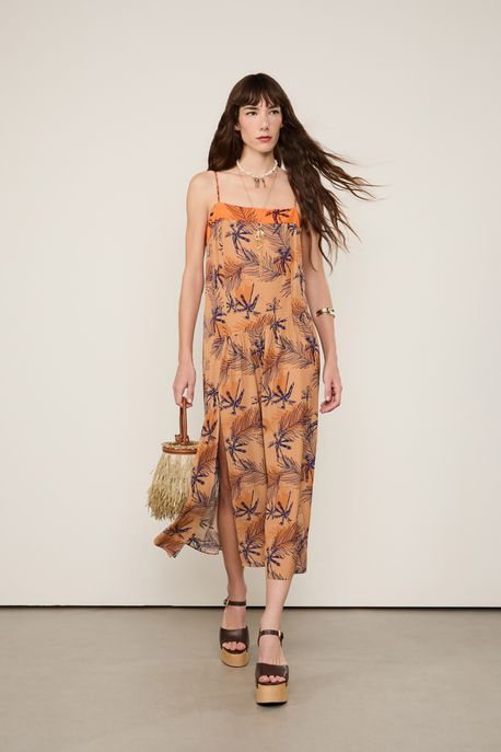 Vestido Midi Com Fenda Estampado Est Coqueiro Folhagem Mix - 38