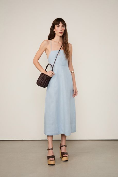 Vestido Midi De Linho Azul Azul Tourmalina - 44