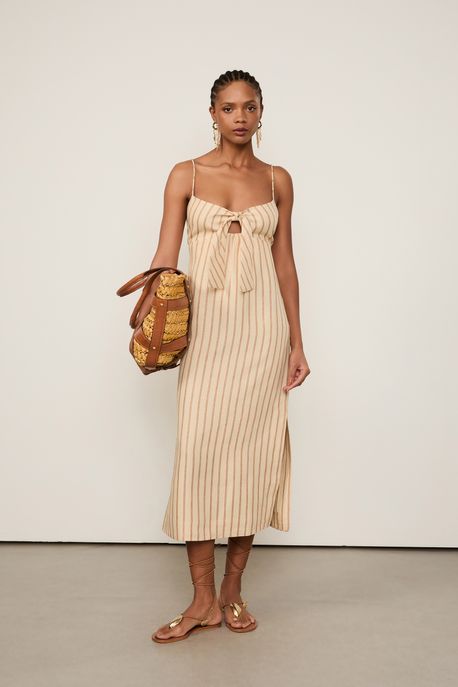 Vestido De Linho Midi Listrado Bege Trigo - 44